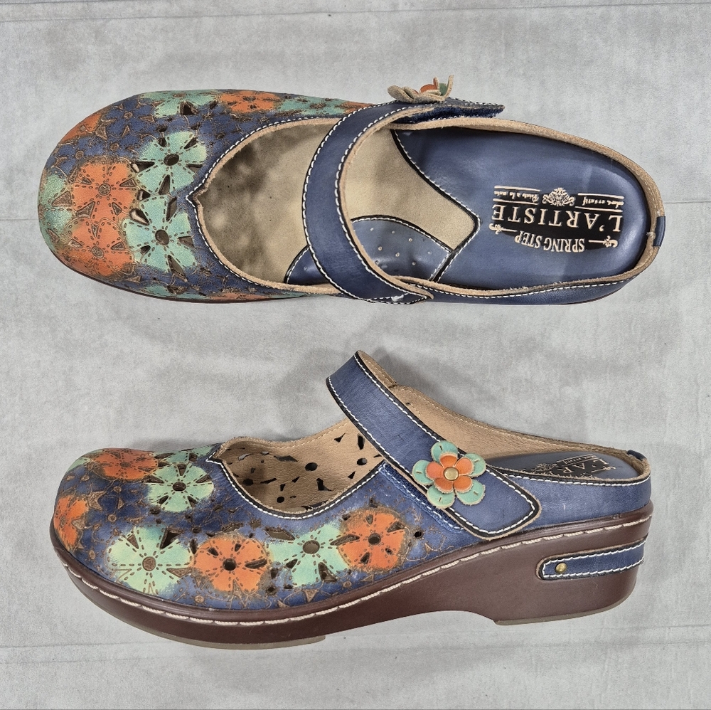Spring Step Blue Multi Floral Leather Mary Jane Clog Mules